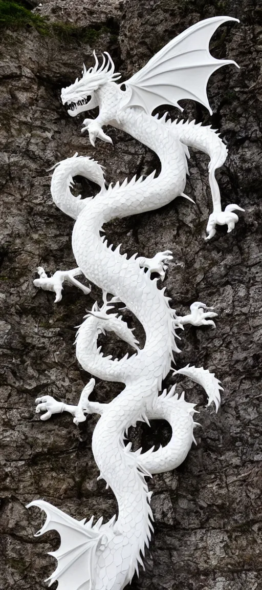 Image similar to a beautiful white dragon twisted around an ancient tree, intricate, maximalist, bright, clear,