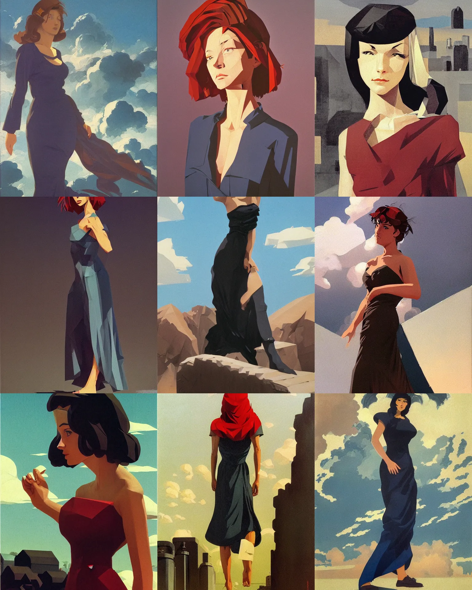 Prompt: woman portrait, female figure in maxi dress, sky, thunder clouds modernism, low poly, low poly, low poly, industrial, soviet painting, social realism, barocco, Frank Frazetta, Dean Ellis, Detmold Charles Maurice, 1993 anime,