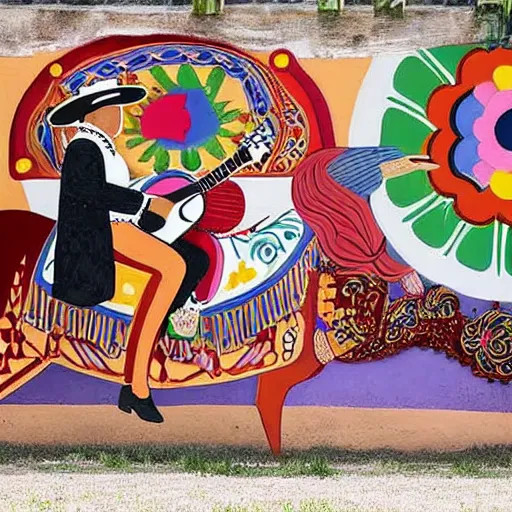 Prompt: a mariachi on a horse playing the guitar in the style of mexican mural