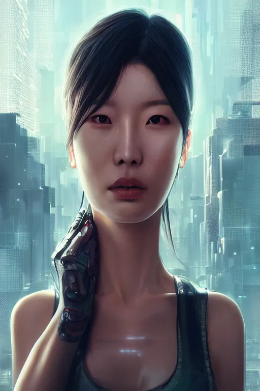 Prompt: Photorealistic illustration, Korean woman with augmented cybernetic eyes in 3/4 portrait view, cyberpunk 2077, sci-fi, futuristic, intricate, elegant, highly detailed, digital painting, artstation, concept art, smooth, sharp focus, art by artgerm, greg rutkowski and alphonse mucha