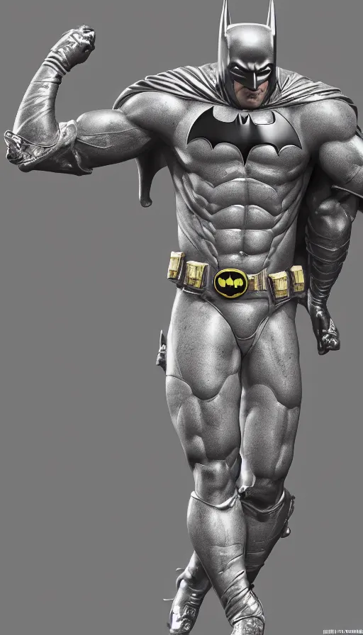 Image similar to marble statue of batman, full body length, hyper detailed, digital art, trending in artstation, cinematic lighting, studio quality, smooth render, unreal engine 5 rendered, octane rendered, art style by klimt and nixeu and ian sprigger and wlop and krenz cushart