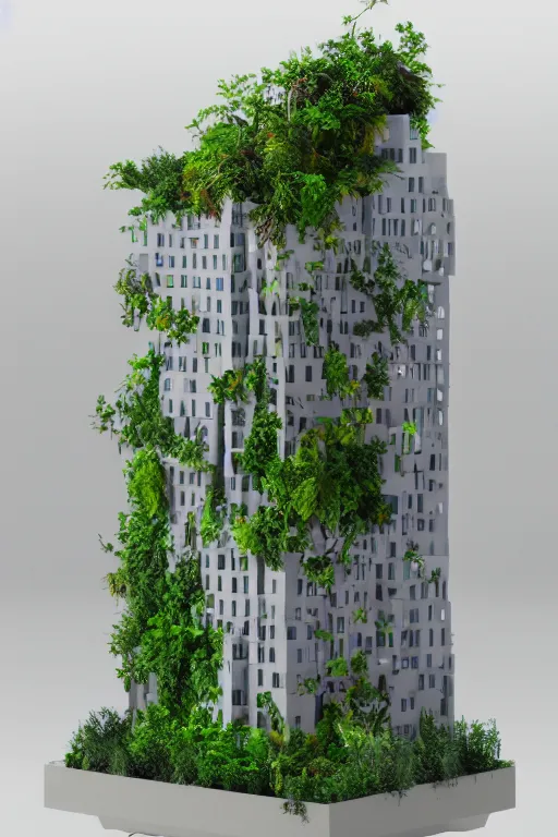 Prompt: 3 d printed physical model organic flowy including more than one city into one vertical building model that sits on a table in a room with a viewand lights in the back, multiple stories, transparent, with vegetation, colorful, eye - level view, 8 0 k, octane render, highly detailed 3 d render,