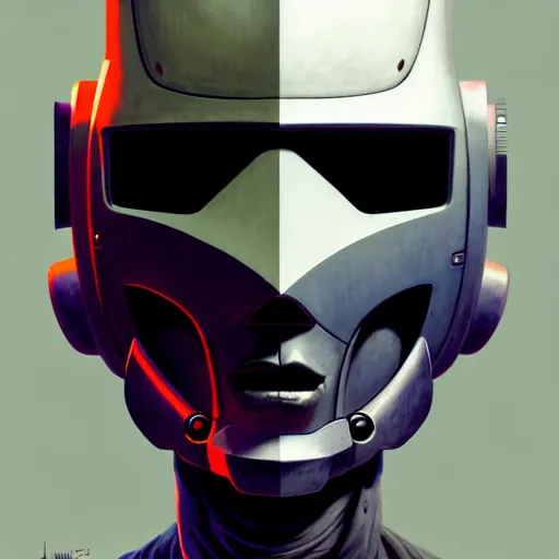 Image similar to detailed character concept art portrait of a masked robot, muted color palette, trending on artstation, award - winning video game concept art by jim burns and greg rutkowski, beksinski, a sci - fi concept art masterpiece, james gilleard, bruegel, alphonse mucha, and yoshitaka amano.