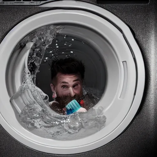 Image similar to tiny bearded Canadian snorkeling inside washing machine, sports photography, detailed, 4k