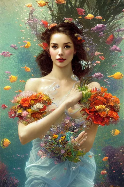 Image similar to portrait of a beautiful mysterious woman holding a bouquet of flowing flowers, small bubbles from her mouth, hands hidden under the bouquet, submerged underwater filled with colorful small fish and coral reef, fantasy, regal, intricate, by stanley artgerm lau, greg rutkowski, thomas kindkade, alphonse mucha, loish, norman rockwell