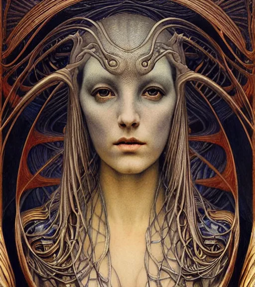 Image similar to detailed realistic beautiful young alien robot as queen of mars face portrait by jean delville, gustave dore and marco mazzoni, art nouveau, symbolist, visionary, gothic, pre - raphaelite. horizontal symmetry by zdzisław beksinski, iris van herpen, raymond swanland and alphonse mucha. highly detailed, hyper - real, beautiful