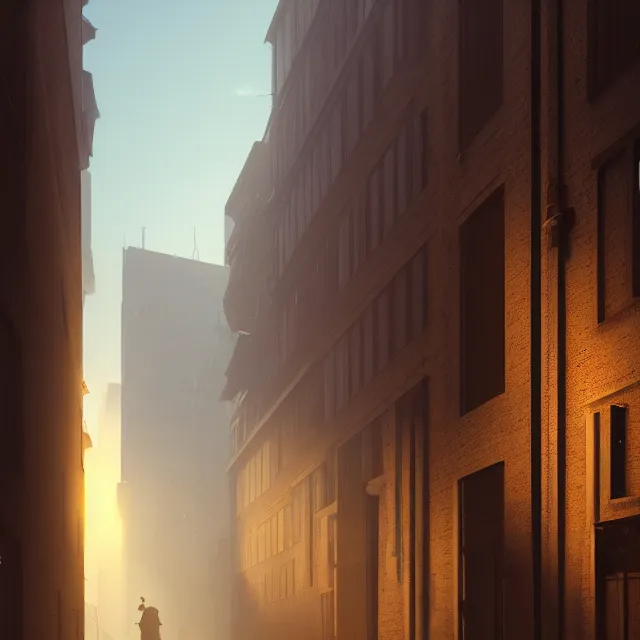 Prompt: a long narrow alleyway between buildings leading into the horizon by joseph ducreux, artstation, volumetric lighting, perfect, high detail