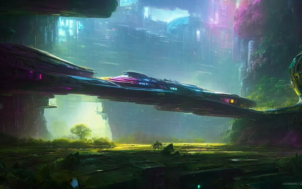 Prompt: a beautiful highly detailed matte painting of an abandoned spaceship in a groovy jungle with cyberpunk colors by Jose Daniel Cabrera Pena and Leonid Kozienko, Noah Bradley concept art
