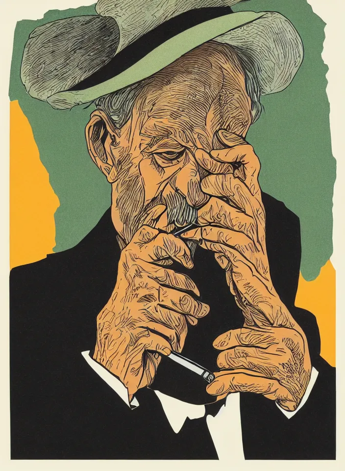 Prompt: graphic design, close portrait of an old man smoking a cigar by milton glaser and lilian roxon, detailed