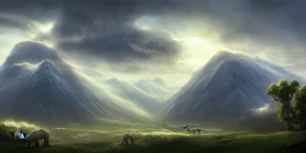 Prompt: a mystical mountain shaped as a diplodocus, clouds, digital illustration, james gurney, cinematic lighting, detailed, mysterious,