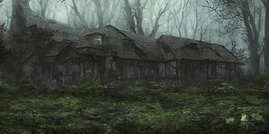 Prompt: photorealistic, ruined english bungalow, overgrown vegetation, in the forest, apocalypse, night, fog, shadowy creatures lurking in foliage, cthulhu, hellscape, hyperrealistic, grimdark, artstation