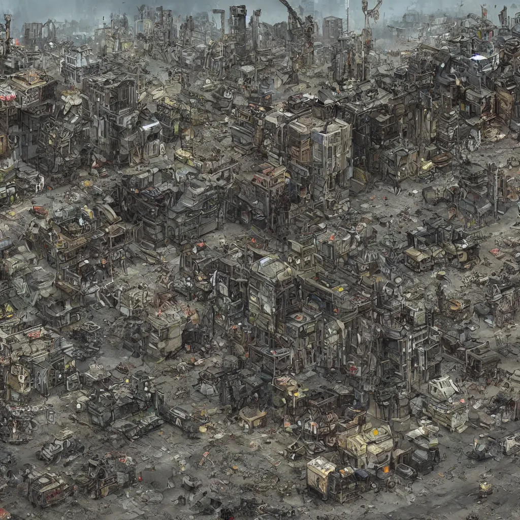 Prompt: big post apocalyptic city made of junk