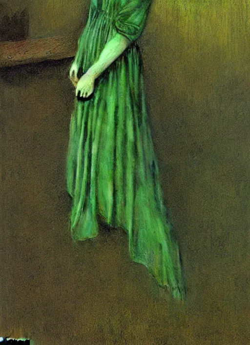 Image similar to young tavern maid in green dress by Beksinski and Luis Royo