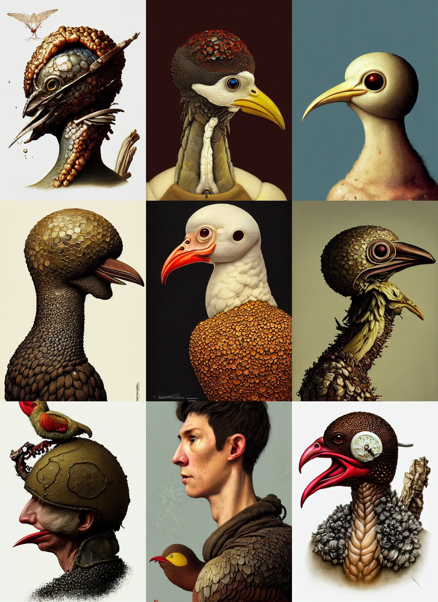 Prompt: rpg! profile! portrait of a fungus humanoid bird on white background, beak, plague, intricate, highly detailed, digital painting, artstation, concept art, smooth, sharp focus, illustration, art by norman rockwell emiliano ponzi andrey remnev yoann lossel john currin aaron jasinski ivan albright hsiao - ron cheng, 8 k