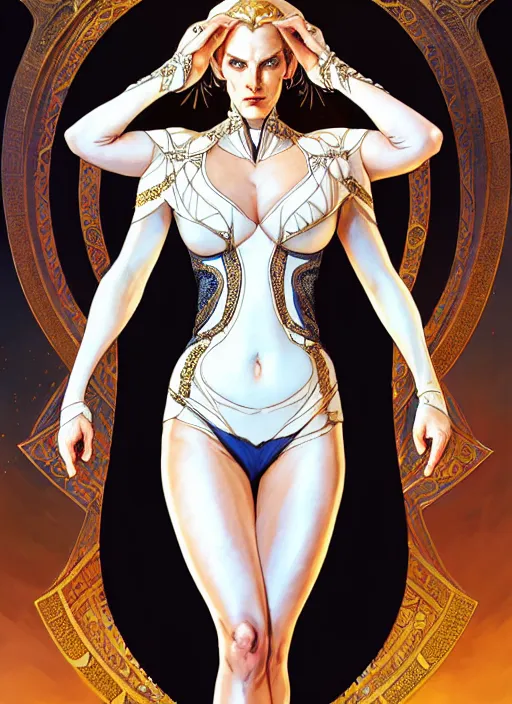 Image similar to symmetry!! intense fanart of back pose of emma frost as acotar protagonist, traditional queen dress, intricate, hyper detailed background, elegant, highly detailed, my rendition, digital painting, artstation, concept art, smooth, sharp focus, illustration, art by artgerm, greg rutkowski and alphonse mucha, by hajime sorayama and boris vallejo