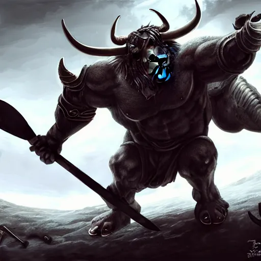 Prompt: epic bull headed minotaur beast armored with giant axe, silver metal, artwork, vivid colors, concept art, greek mythology, detailed, modern design, dark fantasy, digital painting, artstation, d&d