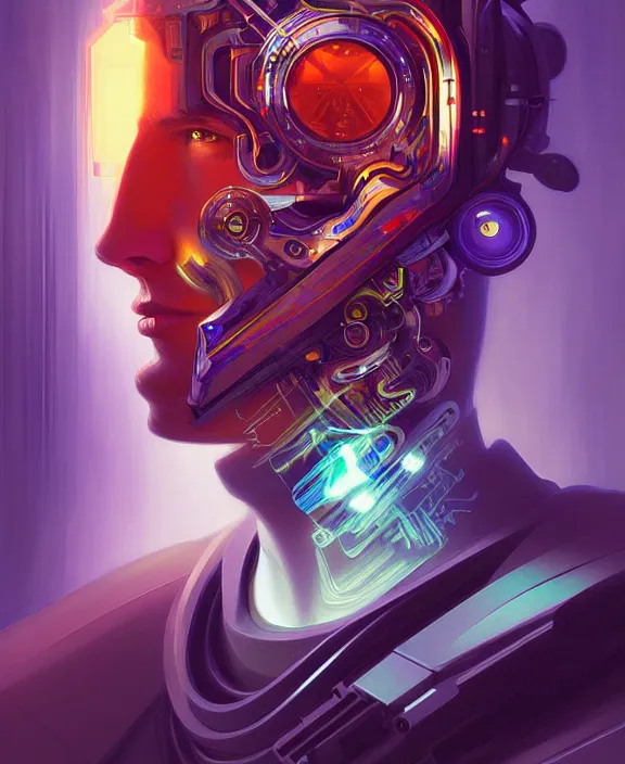 Image similar to a whirlwind inside the metaverse, guy, male, man, hologram, half body, neurochip, android, cyborg, cyberpunk face, by loish, d & d, fantasy, intricate, elegant, highly detailed, colorful, digital painting, artstation, concept art, art by artgerm and greg rutkowski and alphonse mucha