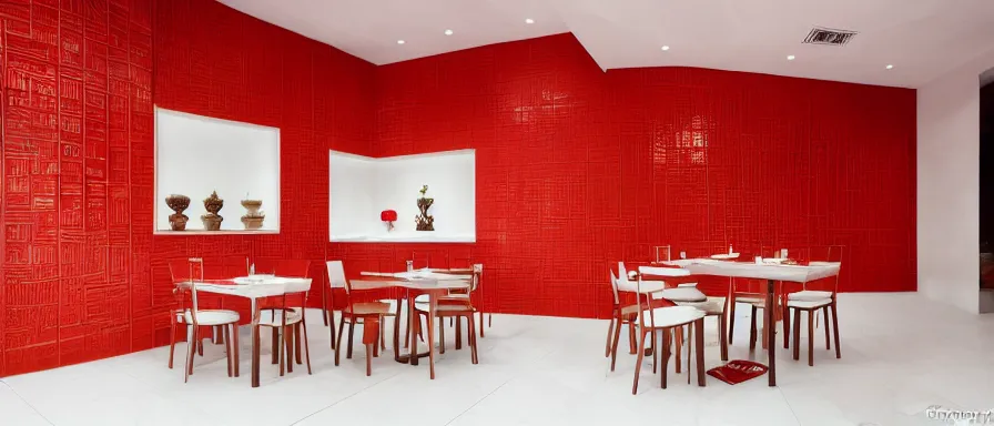 Image similar to a beautiful simple interior render of small roasted string hotpot restaurant restaurant yan'an, wall corner, from china, red paper wall and white tile floor, rectangle white porcelain table, fine simple delicate structure, chinese style, simple composition, simple style structure decoration design, victo ngai, 4 k hd