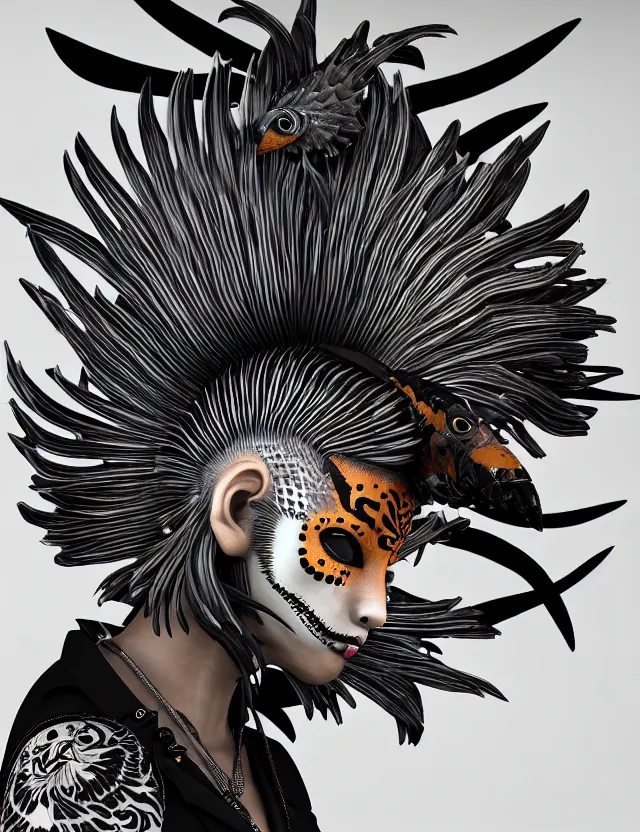 Image similar to 3 d goddess close - up profile simple portrait punk with mohawk with tiger skull. beautiful intricately detailed japanese crow kitsune mask and clasical japanese kimono. betta fish, jellyfish phoenix, bio luminescent, plasma, ice, water, wind, creature, artwork by tooth wu and wlop and beeple and greg rutkowski