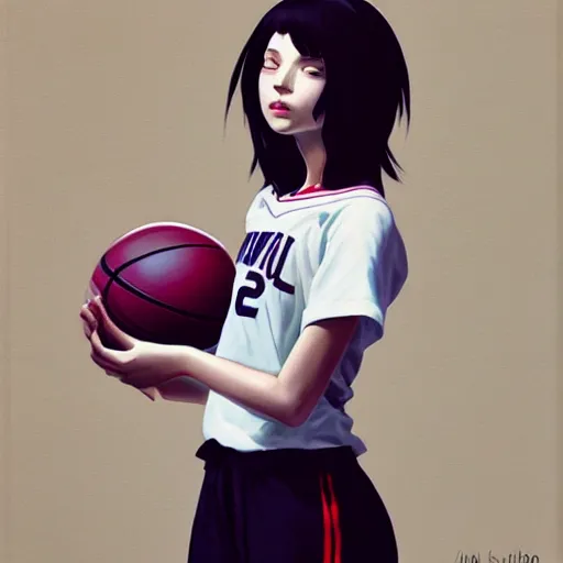 Image similar to A ultradetailed beautiful panting of a stylish girl wearing a basketball jersey, she is holding a basketball, Oil painting, by Ilya Kuvshinov, Greg Rutkowski and Makoto Shinkai