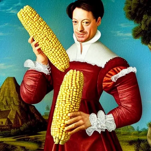 Image similar to a 1 6 0 0 s portrait painting of brendan fraser holding corn, intricate, elegant, highly detailed