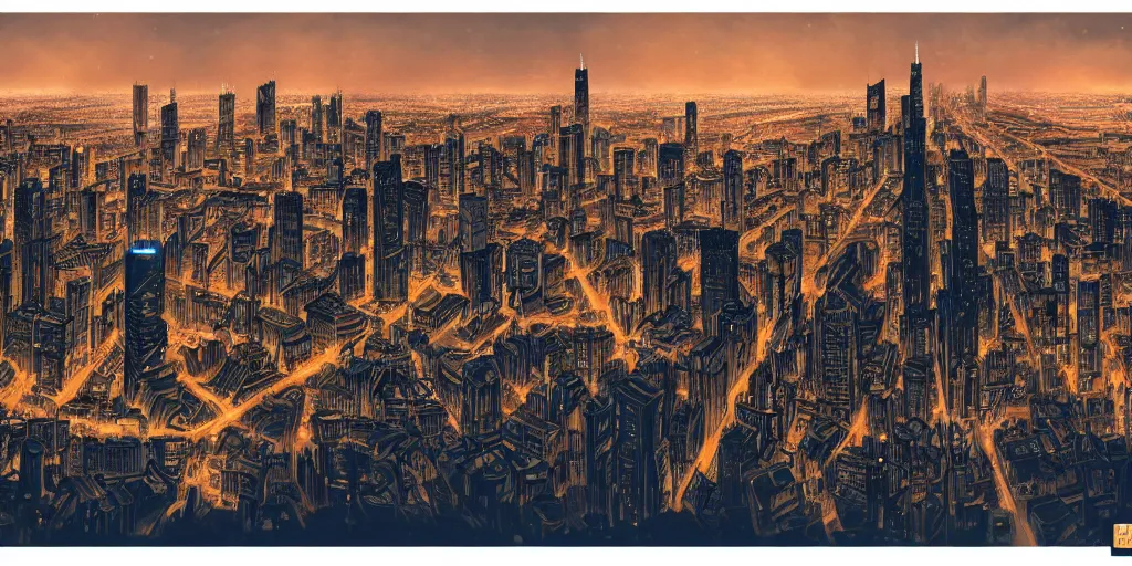 Image similar to cartoonish chicago city skyline in the night, vivid colors, character sheet, fine details, concept design, contrast, kim jung gi, greg rutkowski, watercolor, trending on artstation, 8 k, full body, turnaround, front view, back view, ultra wide angle