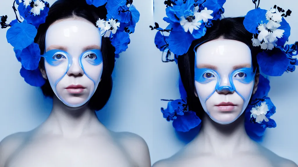 Prompt: symmetrical close - up portrait of a woman wearing a translucent silicone beauty mask and blue hair, wearing a black bodysuit by alexander mcqueen, plastic translucent flowers, white background, soft diffused light, biotechnology, humanoide robot, bjork aesthetic, translucent, intricate details, highly detailed, masterpiece,