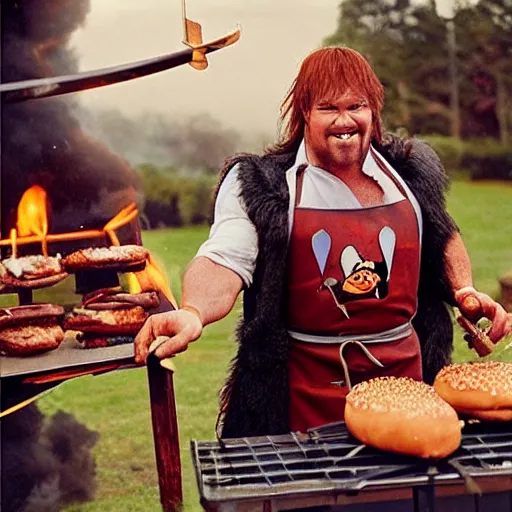 Image similar to candidato photo of conan the barbarian flipping burger on a barbecue. he is wearing an apron with unicorn drawing, and a tutu. photographed by annie leibovitz