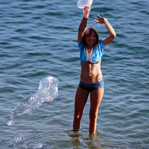 Prompt: gretta turnberg throwing plastic bottle into the ocean