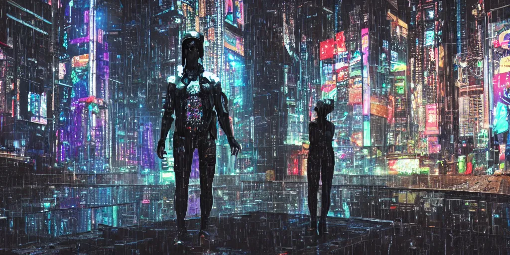 Image similar to cyberpunk statue, rain, space