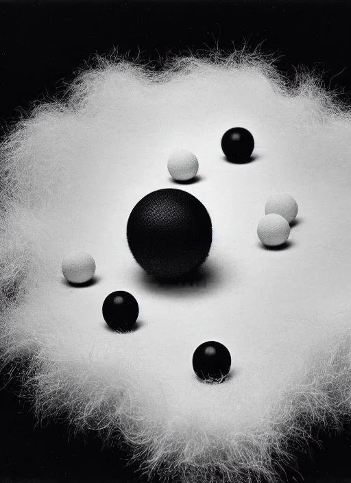 Prompt: realistic object photo of body made of black and white ping pong balls, hairy fluffy caterpillars, readymade, dadaism, fluxus, man ray, x - ray, electronic microscope 1 9 9 0, life magazine photo