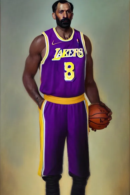 Prompt: full body portrait of the dictator of the los angeles lakers, 1 8 8 9, in full military garb, oil on canvas by william sidney mount, trending on artstation