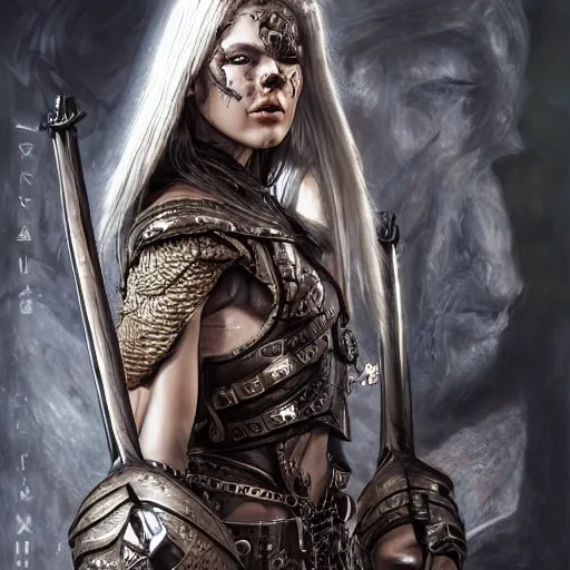 Prompt: shield maiden with cry makeup, intricate detail, royo, klimt, miro, vallejo, frazetta, giger, whealan, hd, unreal engine,