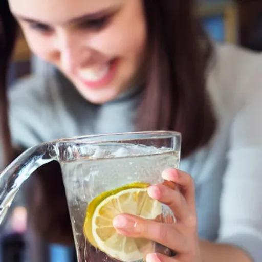 Prompt: close - up of a glass of water held by a young teenage girl with brown hair from behind in a modern kitchen