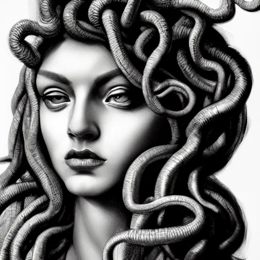 Prompt: medusa portrait painting, black and white, seductive, dynamic lighting, michelangelo, artstation, detailed, blurred background