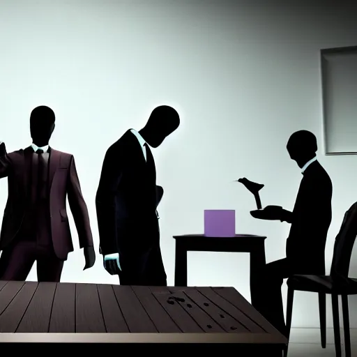 Image similar to HD render of shadow figures in suits sitting around a table in an occultic lair scheming and plotting, Ultra realistic digital art painting trending on artstation, photo realistic, black and purple colour scheme