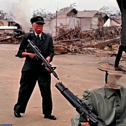 Prompt: donald trump with an M16 in 1960's Vietnam