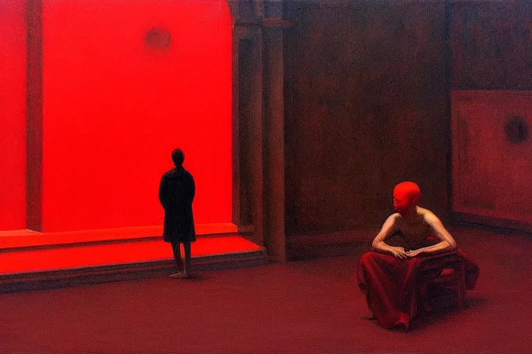 Image similar to only with red, crowd delirious at the sight of a painting, in a city square, in the style of beksinski, parts by edward hopper, parts by rodcenko, parts by yue minjun, intricate and epic composition, red by caravaggio, insanely quality, highly detailed, masterpiece, red light, artstation, 4 k