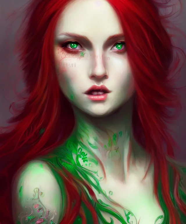 Image similar to Fae teenage girl, portrait, face, long red hair, green highlights, fantasy, intricate, elegant, highly detailed, digital painting, concept art, sharp focus