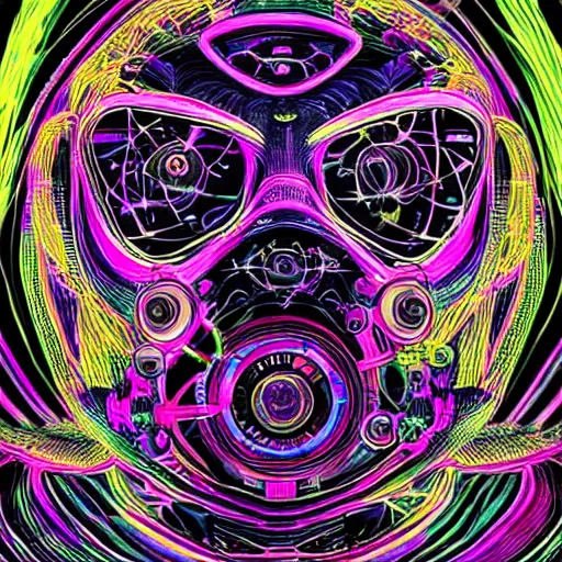 Prompt: black tshirt with a hyperdetailed portrait of a futuristic trippy atompunk meditating robot, 8 k, symetrical, flourescent colors, halluzinogenic, multicolored,