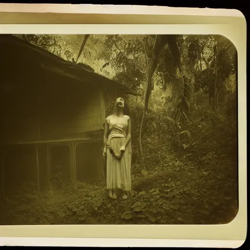 Prompt: an ancient evil-girl devouring the souls of the human kind on a mysterious Colombian jungle, mist, abandoned house, 1910 polaroid photography, grainy film, Black and white