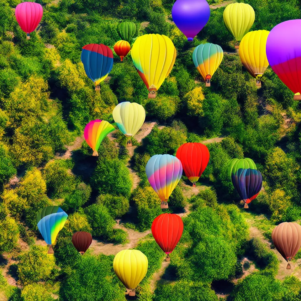 Image similar to large colorful balloons with people on rope swings underneath, flying high over the beautiful countryside landscape, professional photography, 8 0 mm telephoto lens, realistic, detailed, digital art, unreal engine