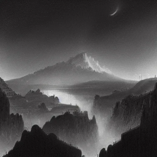 Image similar to a nightfall over a fantastical san francisco bay area, fantastical, transcendent, clean linework, dramatic, unexpected, surprising, epic light scene, spectacular, finely detailed, award winning, 4 k, trending on artstation, photorealistic, volumetric lighting, octane render uhd artwork by gustave dore, by michelangelo and by de vinci