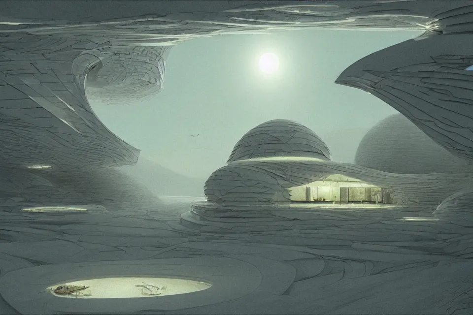 Image similar to sci-fi scene of a seashell house designed by snohetta, in the style of john harris and roger deakins by moebius
