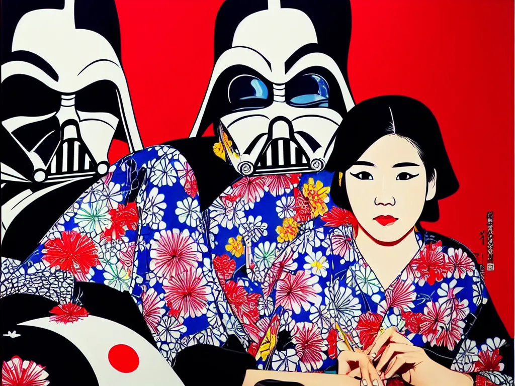 Image similar to hyperrealistic composition of the detailed woman in a japanese kimono sitting at a extremely detailed poker table with detailed darth vader, fireworks, mount fuji on the background, pop - art style, jacky tsai style, andy warhol style, acrylic on canvas