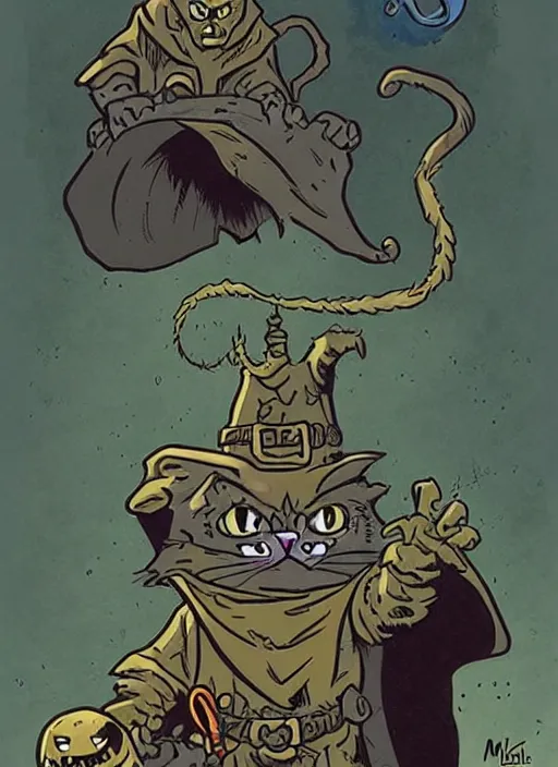 Prompt: highly detailed, wizard cat with a dungeon background by mike mignola