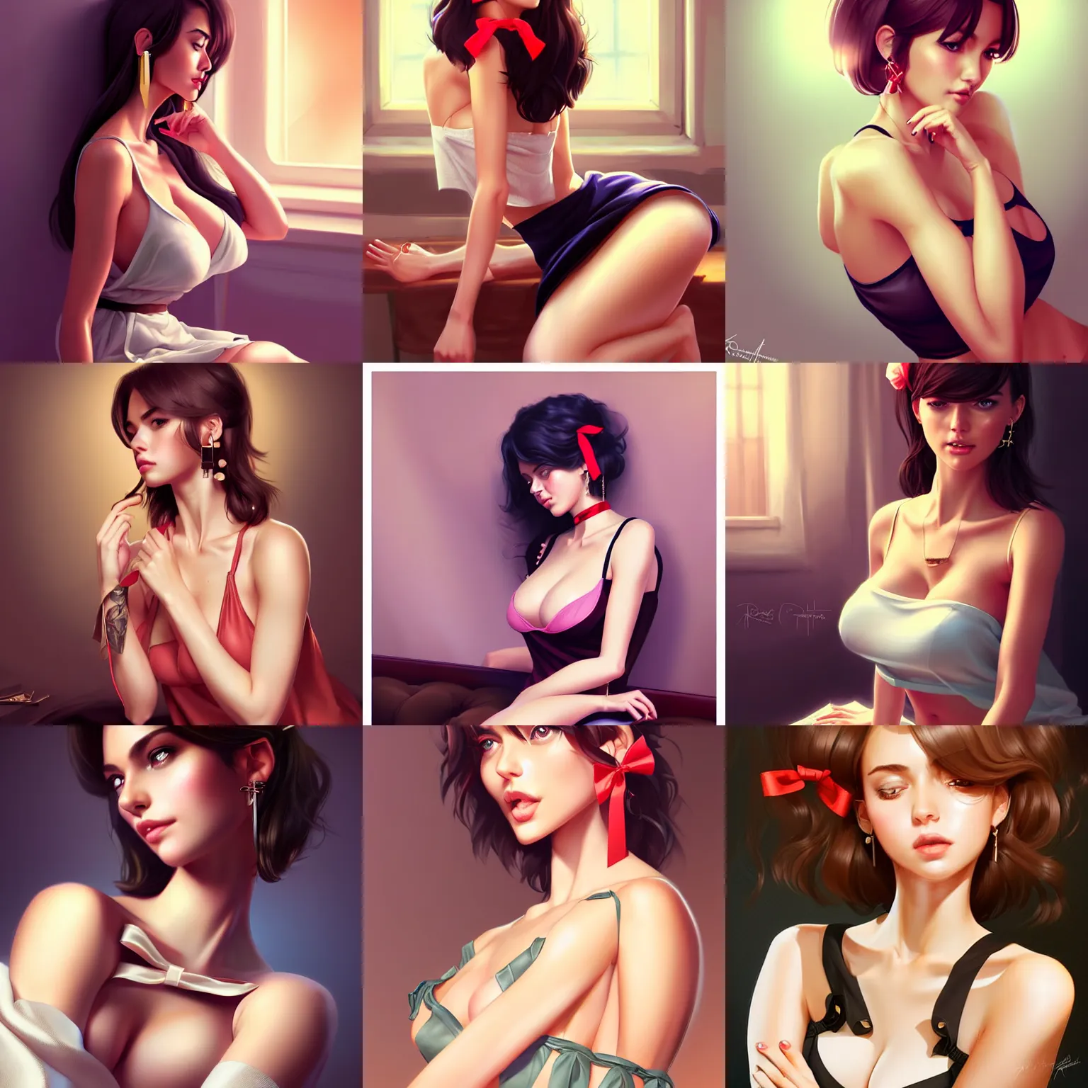 Prompt: sexy girl in a low cut blouse and short skirt, seductive pose, shoulder-length hair, ribbon in her hair, earrings, sitting on a bed. highly detailed, digital painting, in the style of artgerm and ross tran, high definition digital art