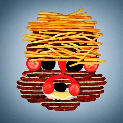 Image similar to a portrait of a person made out of hot dogs, hamburgers, and french fries. surreal. hyper realistic. photography. 4 k. hyper detail. very realistic.