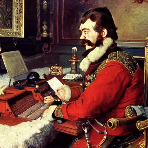 Image similar to russian tsar Peter The Great 18th century installs operating system on desktop computer by vasnetsov and surikov serov, JEAN-VICTOR BERTIN, by Terence Cuneo, detailed, artfully traced, 4k resolution, cinematic, dramatic