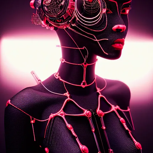 Prompt: portrait of an absurdly beautiful, graceful, sophisticated, fashionable black cyberpunk mechanoid gravure idol, hyperdetailed illustration by irakli nadar, adut akech, matt wisniewski style, intricate linework, dark black skin, box jellyfish headdress, unreal engine 5 highly rendered, global illumination, red light, detailed and intricate environment